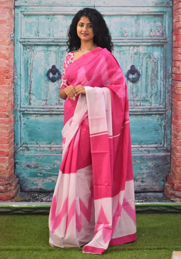 Pink Hand Printed Mulmul Saree with White Border